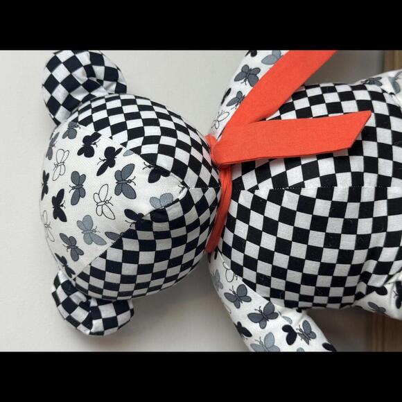Checkered Pattern Plush Bear with Ribbon - Picture 2 of 3